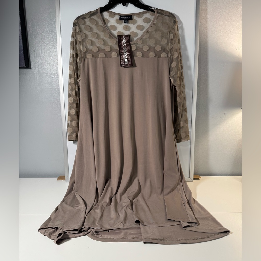 Nina Leonard - NWT - Elegant Taupe Polka Dot Dress